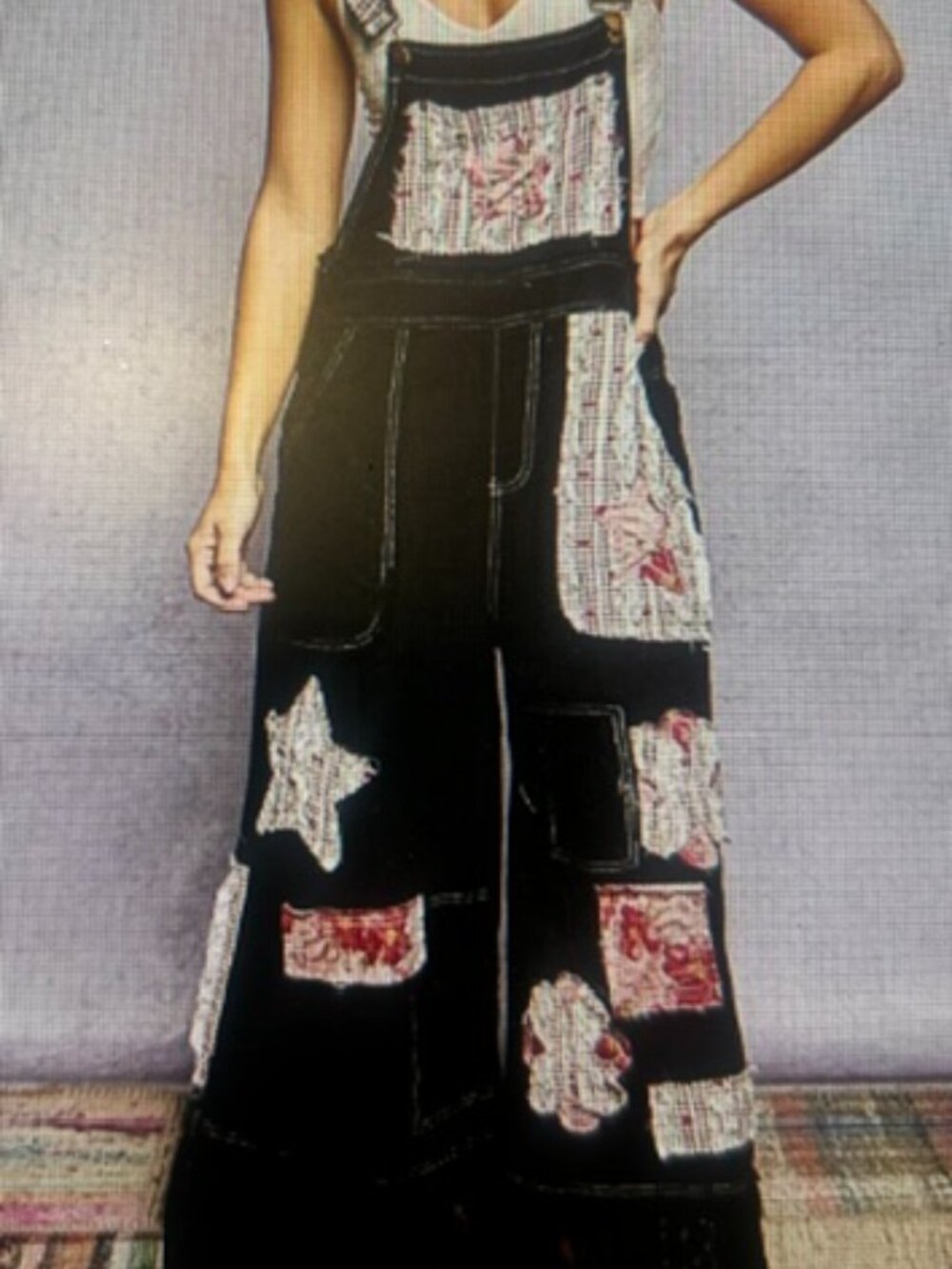 POL Black Double Gauze Patchwork Lace Button Adjustable Strap Star Overalls  NEW